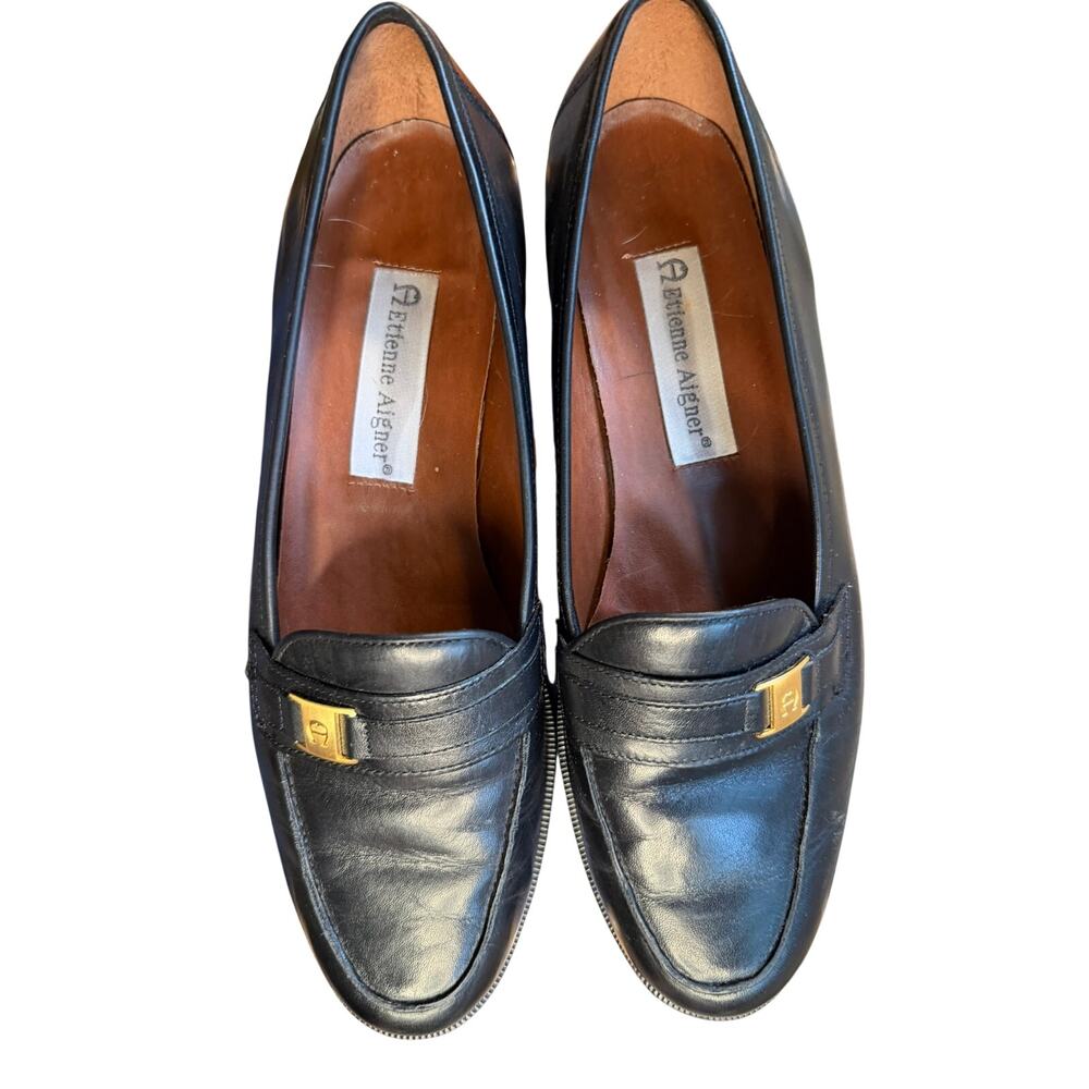 Etienne Aigner Camelot Black Leather Loafers | Size 7.5 M | Gold Logo Plaque